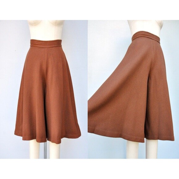 50s Brown High Waist Skort - High Waisted PantSkirt - Wool Skort Pants Skirt XXS - Picture 1 of 10
